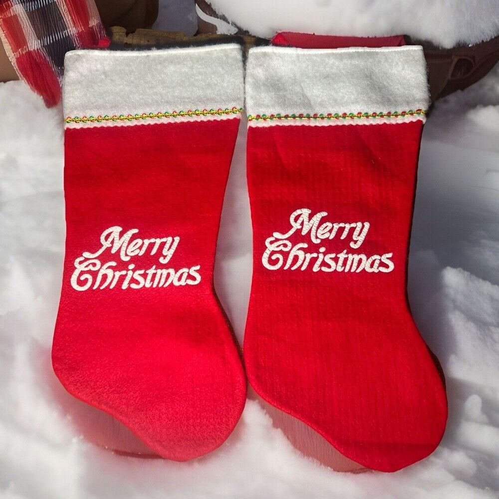 Vintage Red Felt Christmas Stocking Merry Christmas Spell Out in White 18" Set 2